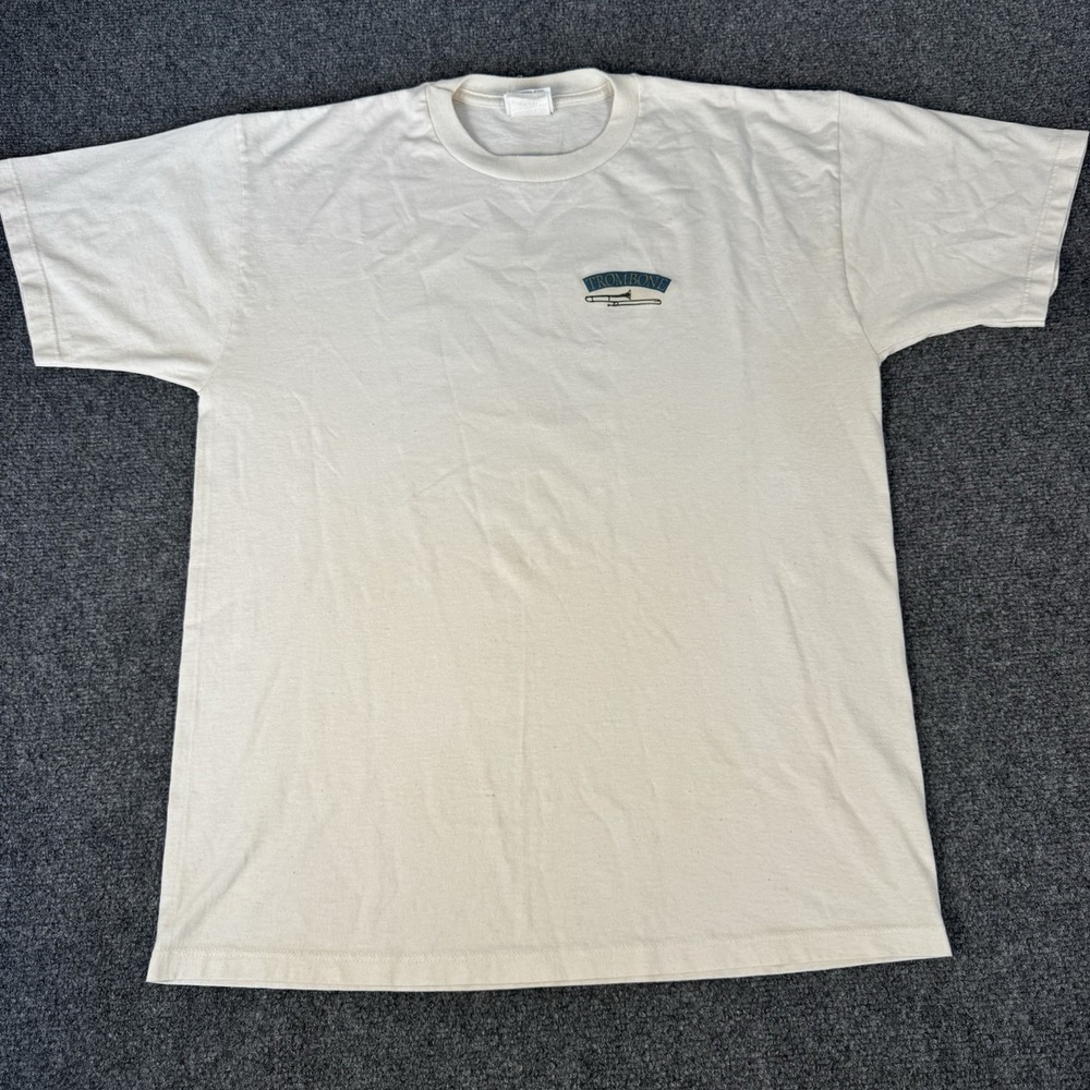 Vintage‎ Trombone T Shirt Mens Large White Graphic Tee Music Band Instrument 90s